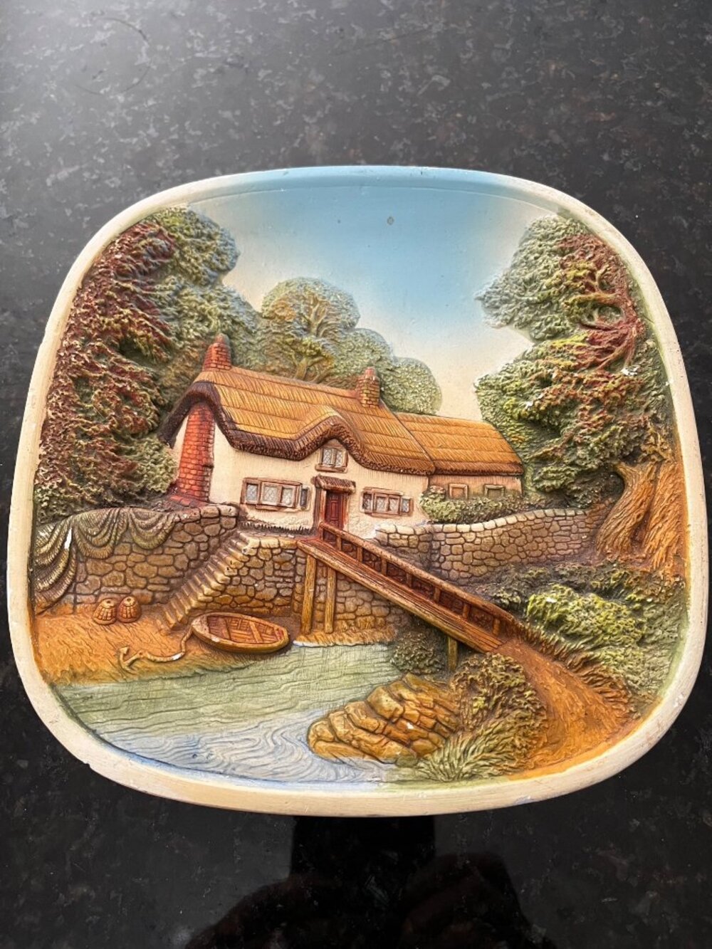 3D Chalkware Cottage Scene Wall Hanging A962, has chips